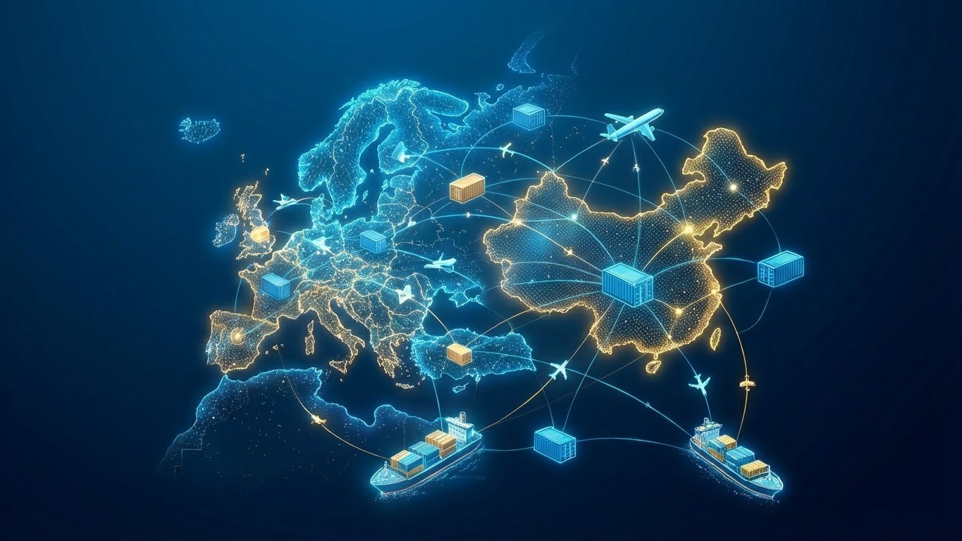 Europe Asia logistics network with air and sea freight routes
